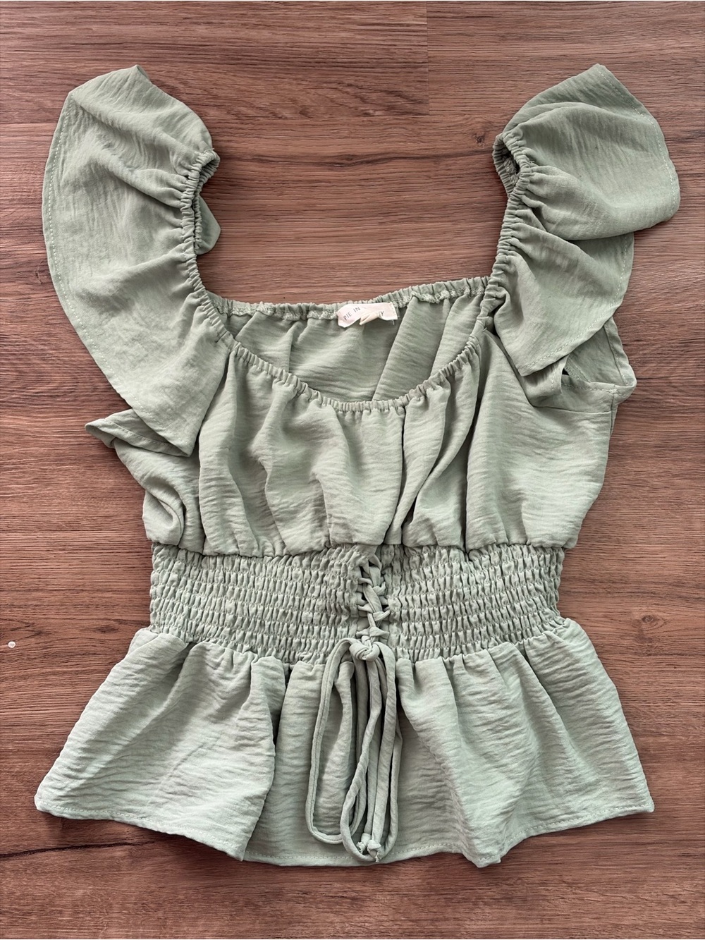 Pie in the Sky Sage Green Smocked Lace Up Ruffle Blouse Size L